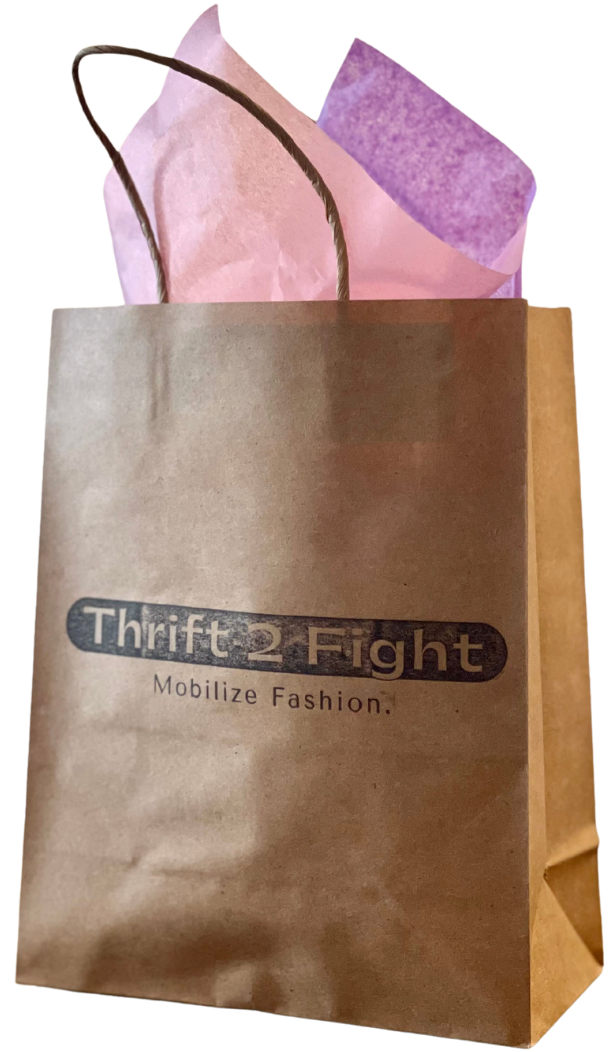 Paper bag stamped with Thrift 2 Fight logo